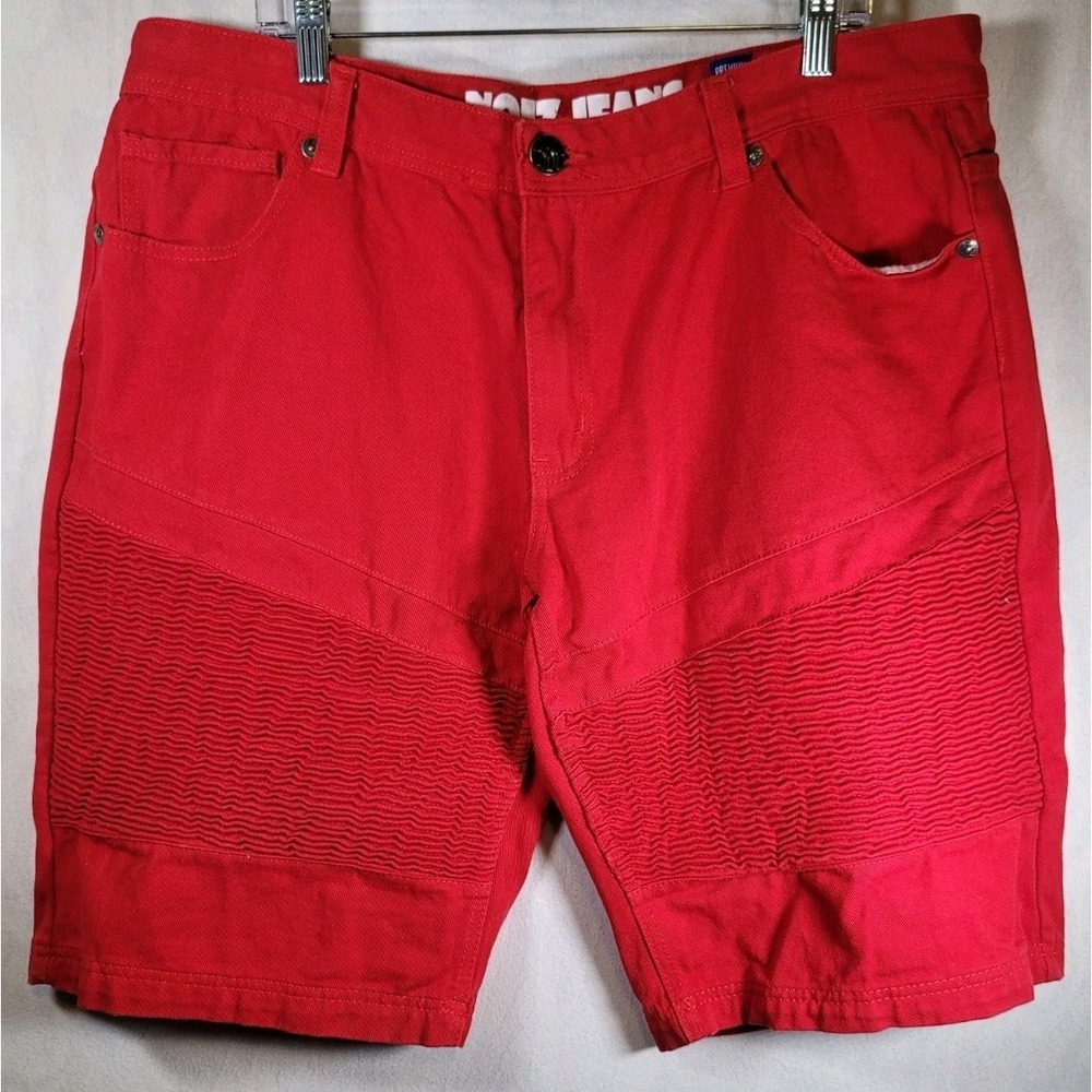 NOIZ Red Denim Shorts Mens Sz 42 Flat Front Zipper 5 Pocket Moto Baggy